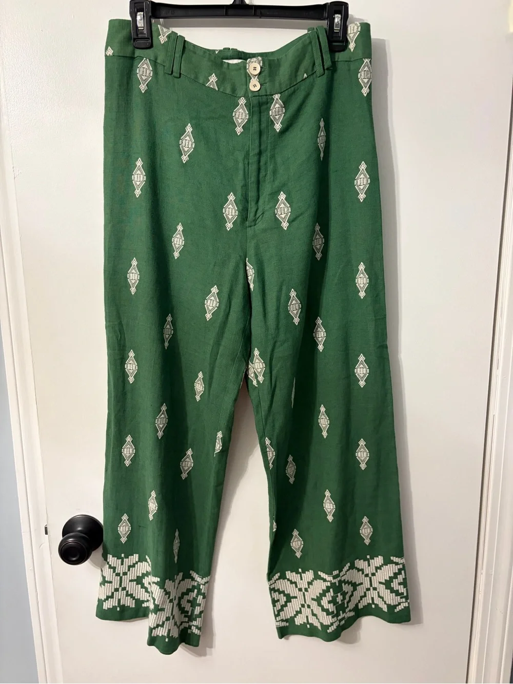 Zara Green & white Patterned linen women’s Wide-Leg pants